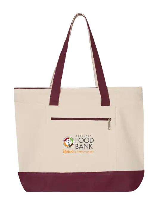 Natural/Maroon Zippered Tote  w/Arkansas Foodbank Logo