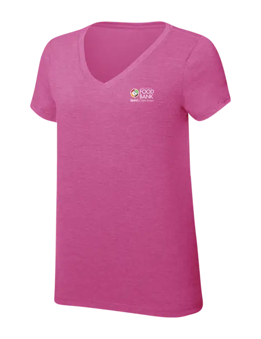 Womens Simply Soft V-Neck Fuschia Frost 4.5oz  Poly/Combed Ring Spun Cotton T-Shirt w/Arkansas Foodbank Logo