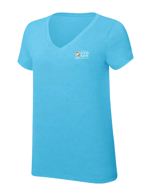 Womens Simply Soft V-Neck Turquoise Frost 4.5oz  Poly/Combed Ring Spun Cotton T-Shirt w/Arkansas Foodbank Logo