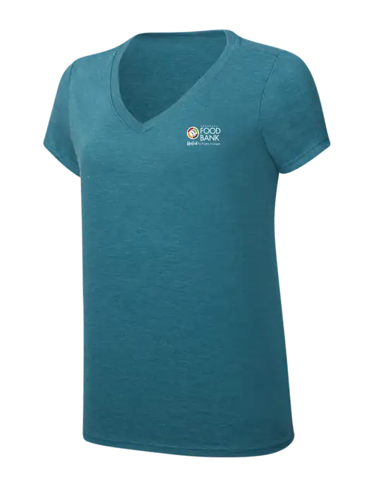 Womens Simply Soft V-Neck Heather Teal 4.5oz  Poly/Combed Ring Spun Cotton T-Shirt w/Arkansas Foodbank Logo
