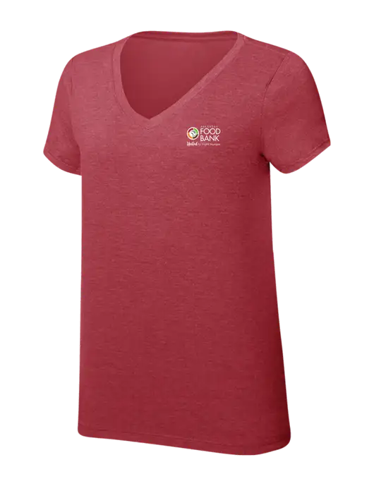Womens Simply Soft V-Neck Red Frost 4.5oz  Poly/Combed Ring Spun Cotton T-Shirt w/Arkansas Foodbank Logo