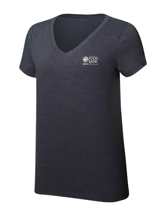 Womens Simply Soft V-Neck Heather Charcoal 4.5oz  Poly/Combed Ring Spun Cotton T-Shirt w/Arkansas Foodbank Logo