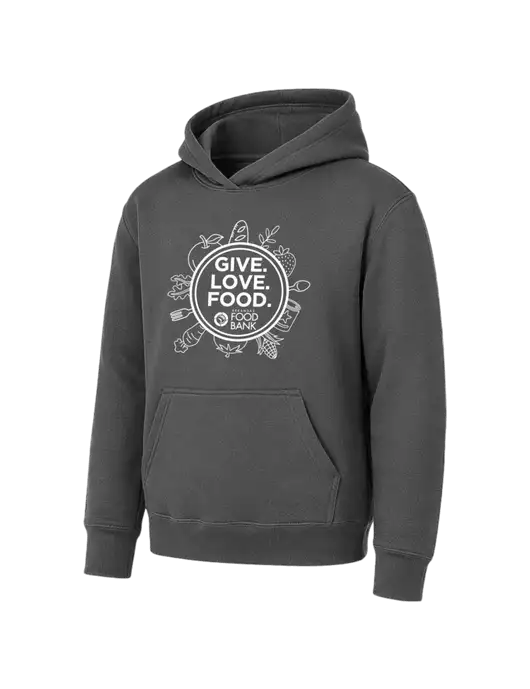 Youth Charcoal 7.8 oz Pullover Hooded Sweatshirt w/Give Love Food Logo