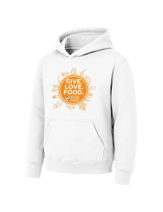 Youth White 7.8 oz Pullover Hooded Sweatshirt w/Give Love Food Logo