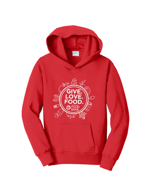 Youth Bright Red 8.5 oz Ring Spun Pullover Hooded Sweatshirt w/Give Love Food Logo