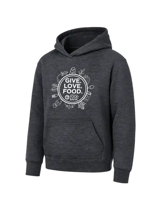 Youth Dark Heather Grey 7.8 oz Pullover Hooded Sweatshirt w/Give Love Food Logo