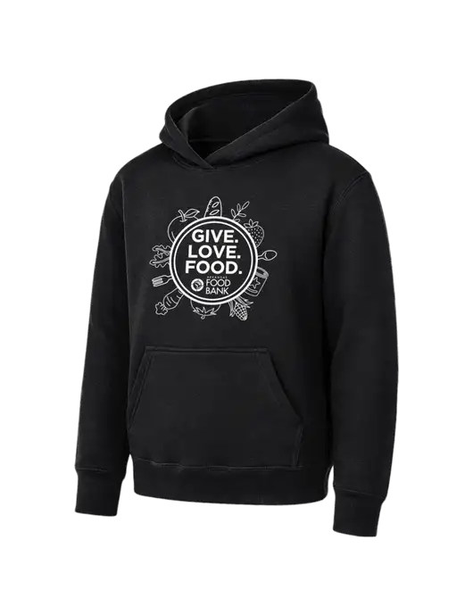 Youth Black 7.8 oz Pullover Hooded Sweatshirt w/Give Love Food Logo